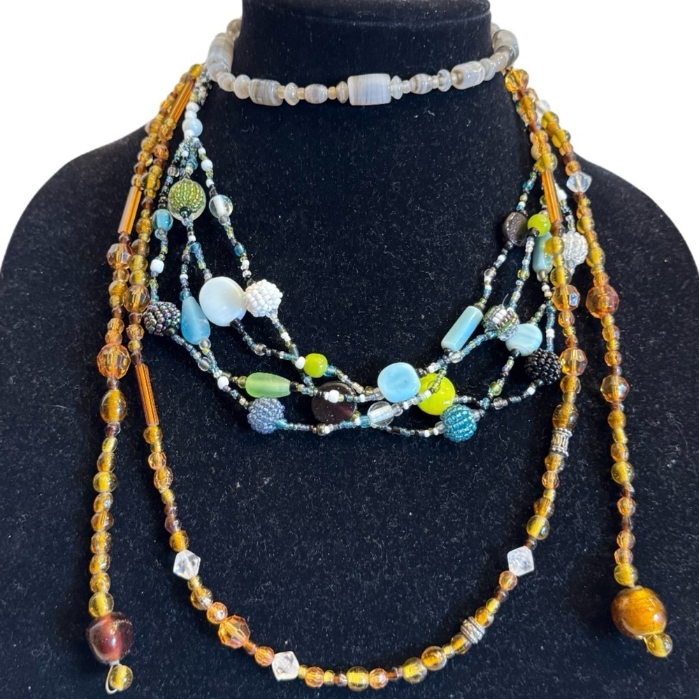 3 Piece Jewelry Lot Brown Blue White Gray Multi Colored Beads Artisan Bundle Set